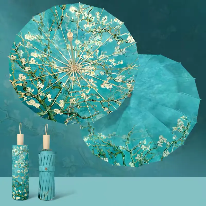 Turquoise green floral umbrella with its matching sleeve